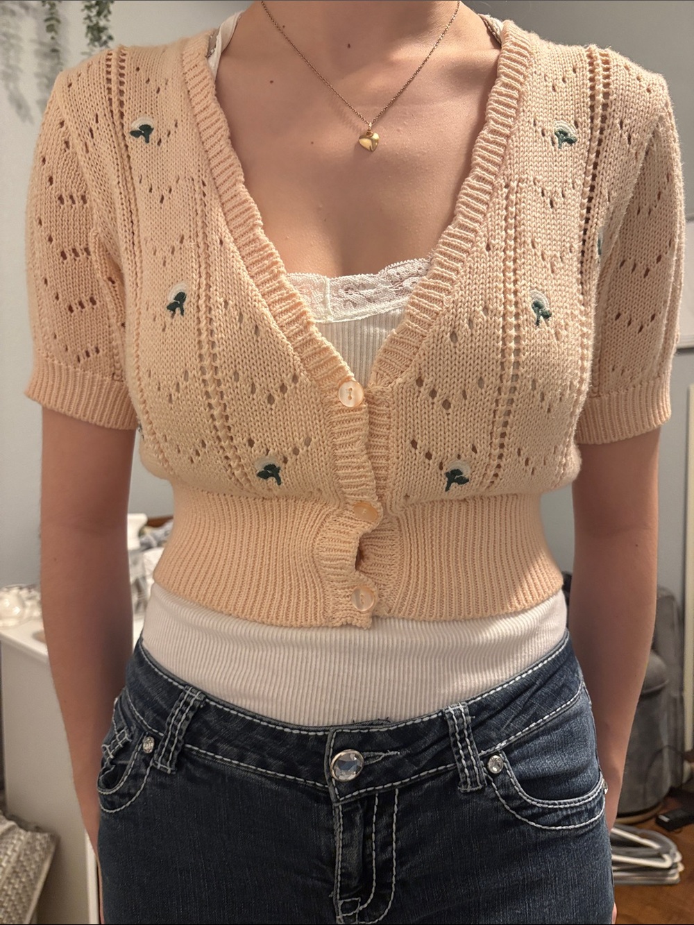 wild fable Peach V-Neck Cropped Button Cardigan Sweater